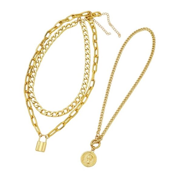 Vintage Style Coin Lock Pendants Gold Tone Layering Necklaces Old Money Style - Picture 3 of 5